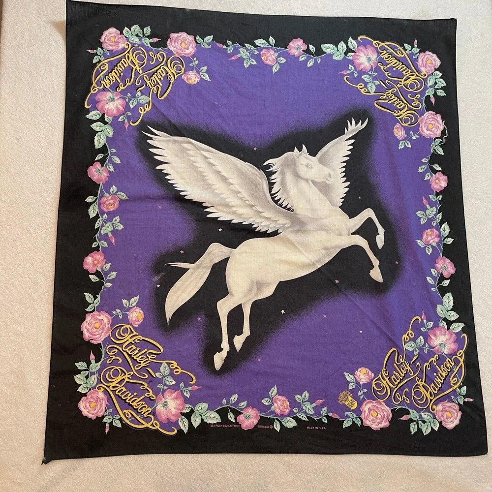 Vintage Harley Davidson Pegasus Bandana Purple Black Rose Floral Made in USA